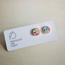 Load image into Gallery viewer, COLOUR POP CIRCLE STUDS - white granite, lavender, blue, wasabi, pink, and tangerine
